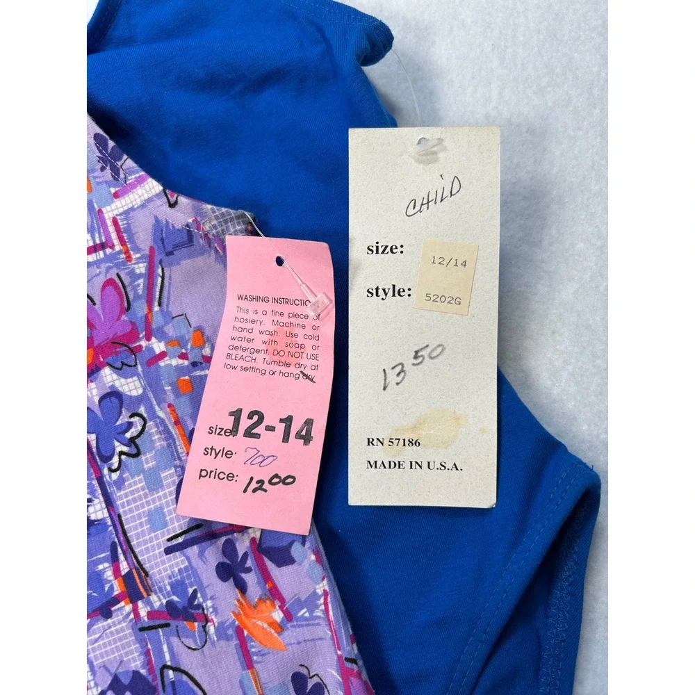 Vintage Jenni Rose Body Flex Kids Leotard Set 12/14 Blue Purple Floral 90s USA